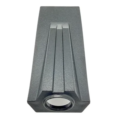 Modern black outdoor wall light fixture with a sleek design.
