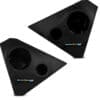 Two black triangular speaker stands with circular cutouts.