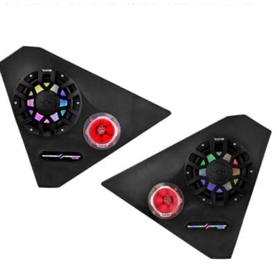 A pair of black triangular guitar effect pedals with colorful controls.