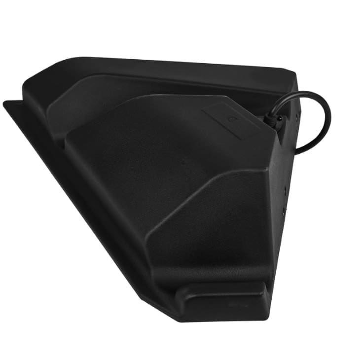 Black angular face mask with adjustable ear loops.
