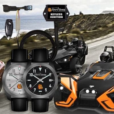 A futuristic vehicle with a clock embedded, driving on a coastal road.