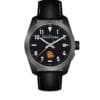 Black wristwatch with a leather strap and clear white numerals.