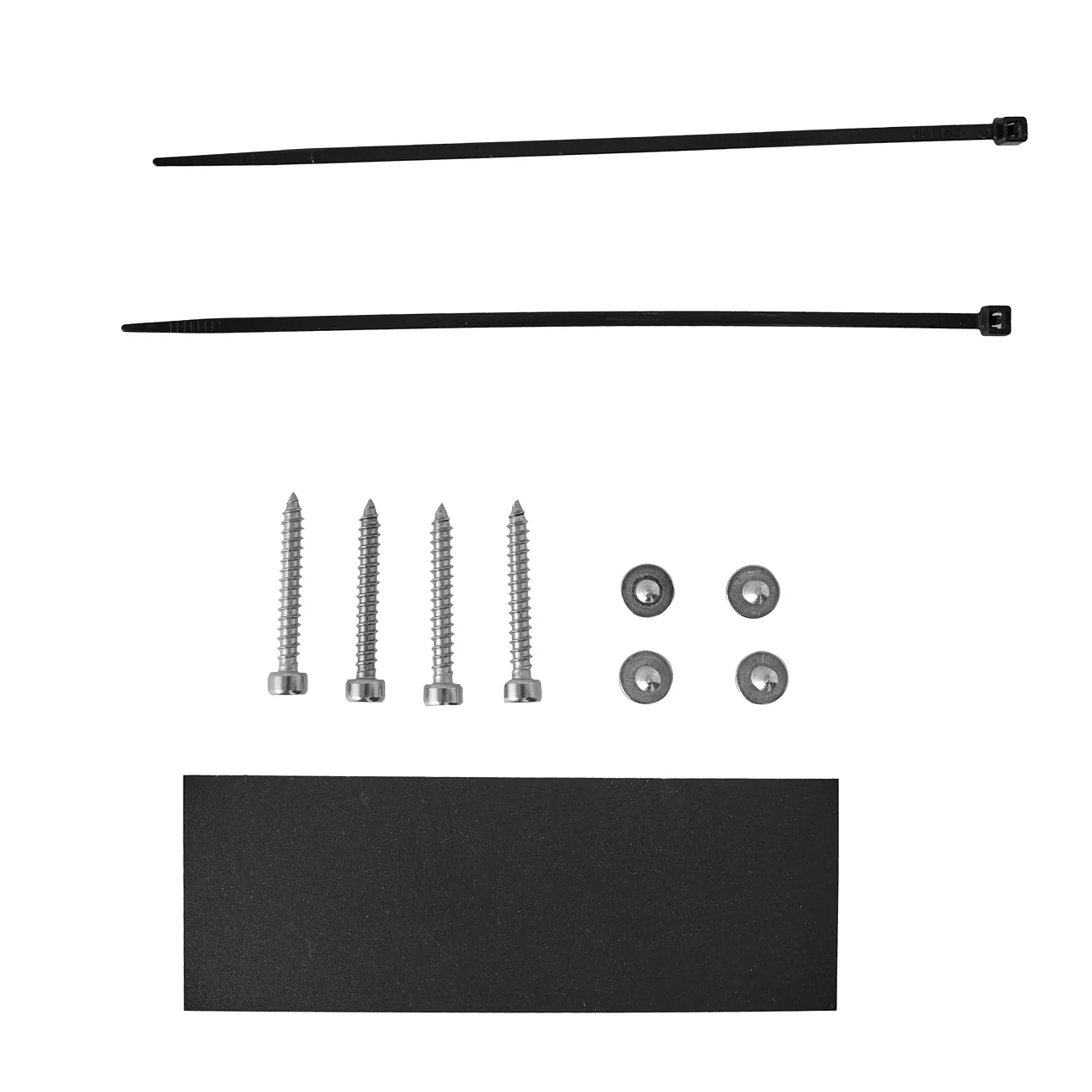 Set of cable ties, screws, washers, and a rectangular rubber pad.