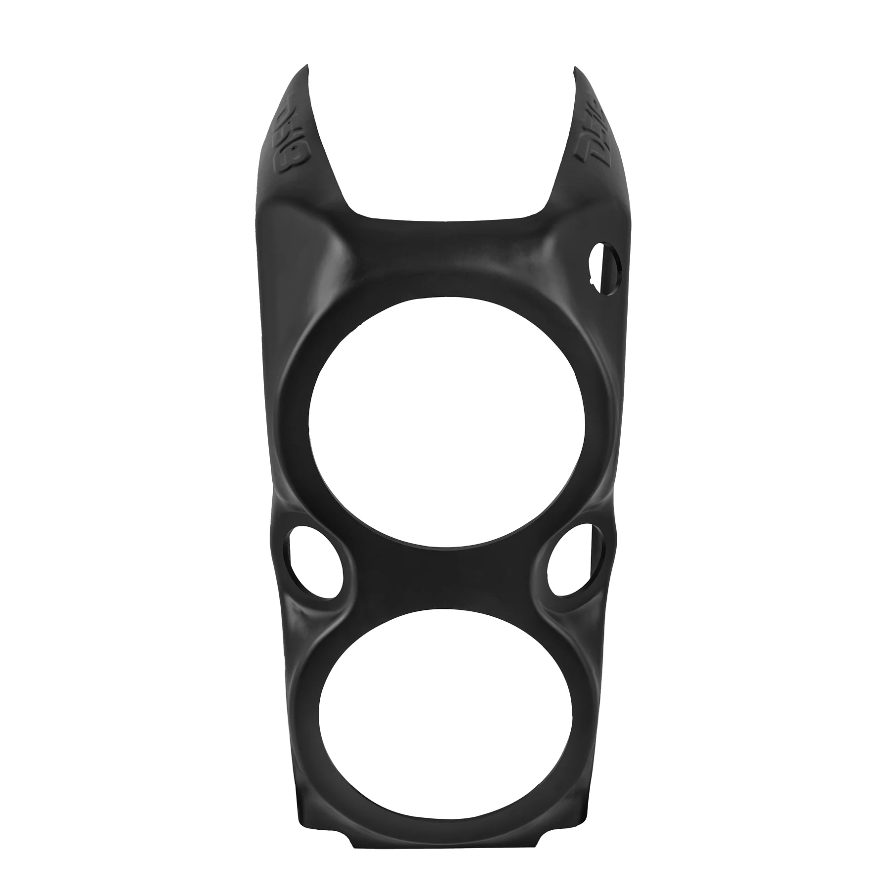 Black plastic frame with circular cutouts and pointed top edges.