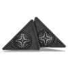 240-SS-F68A6 Pair of black triangular speakers with circular drivers.