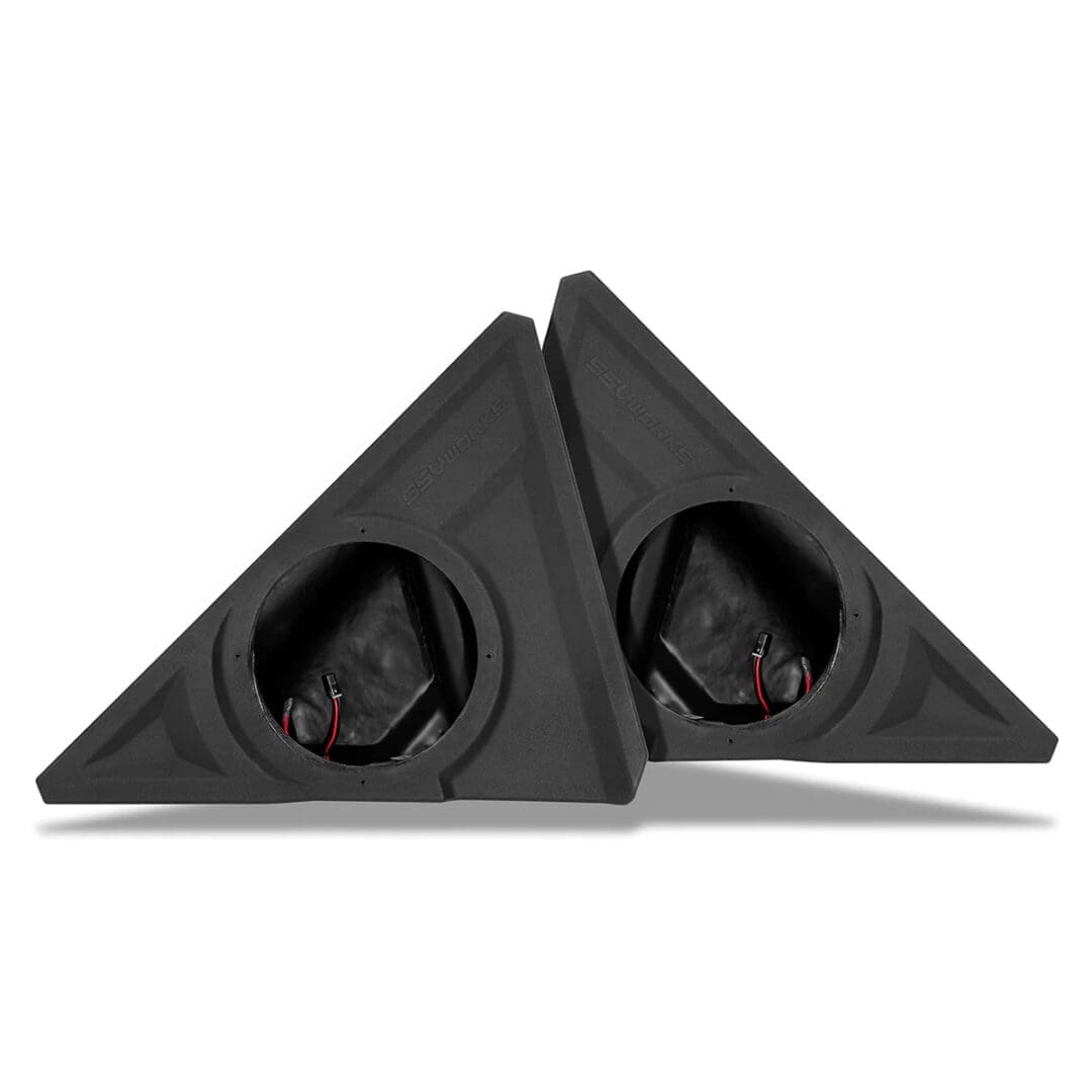 240-SS-F68U_no_adapters Pair of black triangular car speaker enclosures with visible speakers.