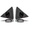 240-SS-F68_angled Pair of triangular car tweeter speakers with mounting rings.