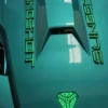 2594fc_3288ed35fc984f1e9022a19a985d92d6f002 Close-up of a teal sports car hood with green LED lights and a glowing emblem.