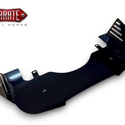 Close-up of a black automotive bracket with mounting holes and tabs.