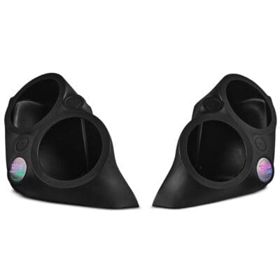 A pair of black modern speaker enclosures with circular speaker mounts.