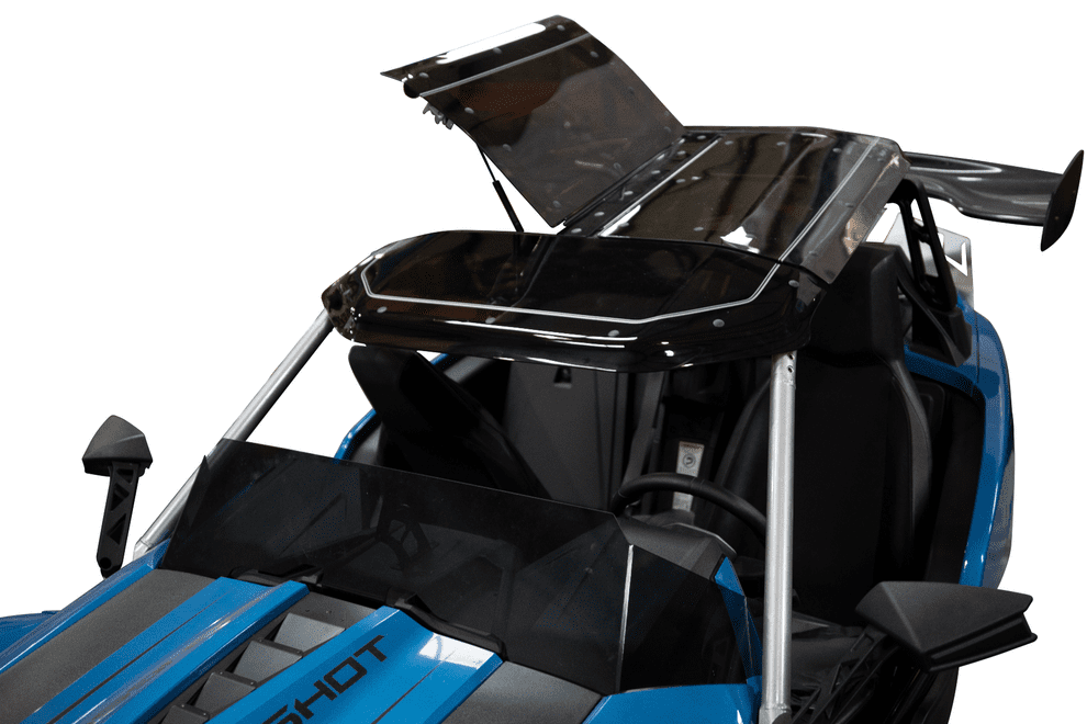img_0855-3 Close-up of a black and blue boat canopy frame and roof.