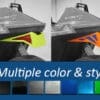 Two snowmobiles showing different colored air intake vents in yellow-green and orange.